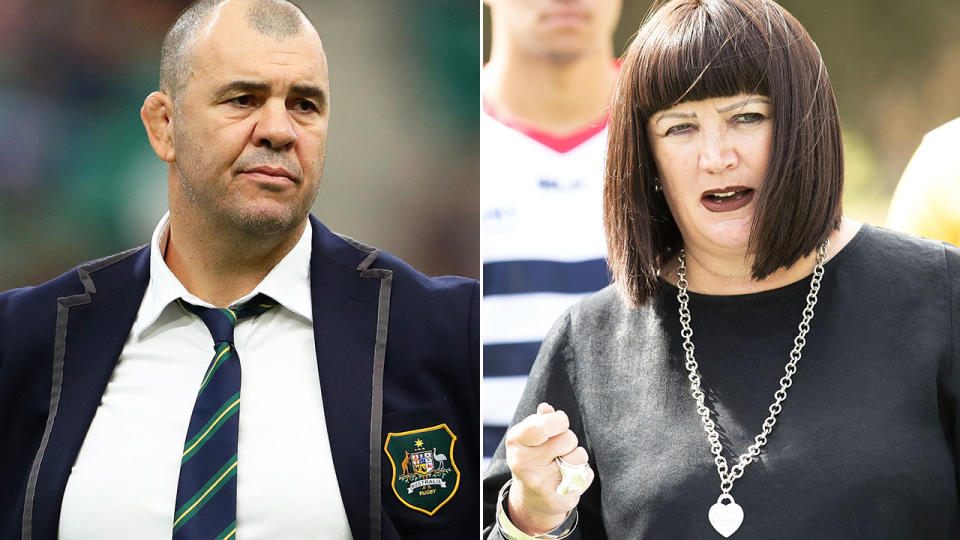 Michael Cheika and Raelene Castle, pictured here at the Rugby World Cup.