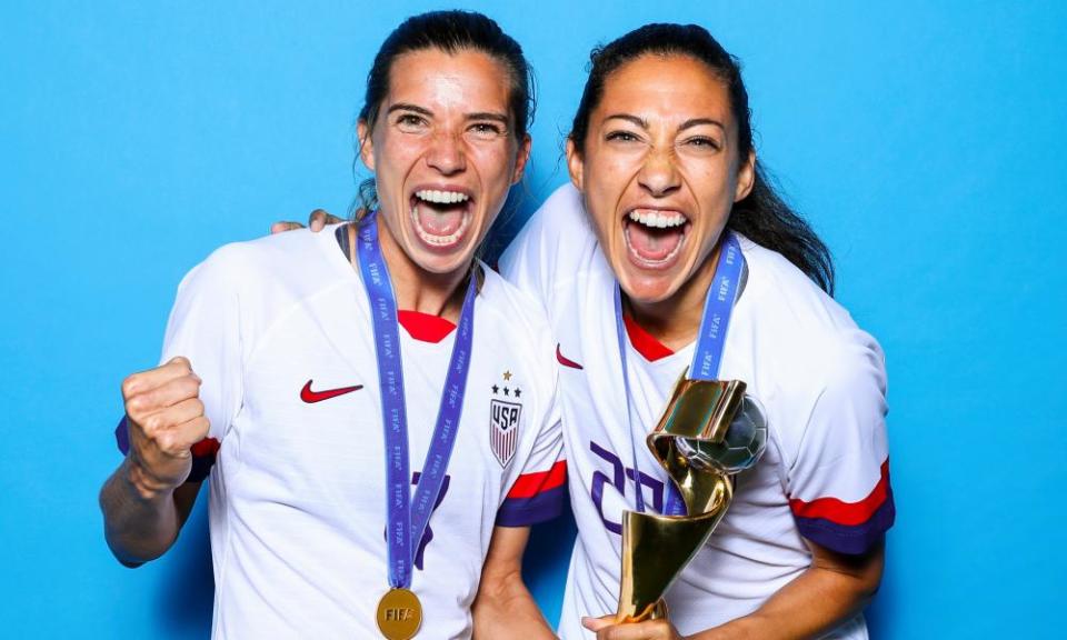 Tobin Heath and Christen Press after winning the 2019 Women’s World Cup.