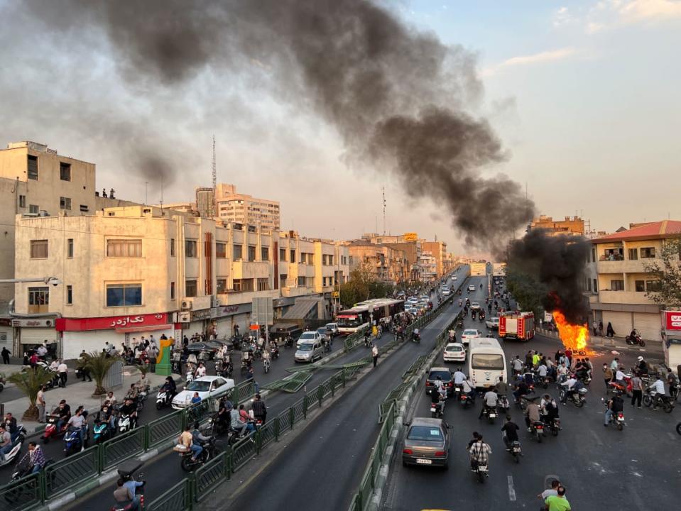 <div class="inline-image__title">1243842634</div> <div class="inline-image__caption"><p>A motorcycle on fire in Tehran, on Oct 8, 2022, part of the biggest wave of social unrest in Iran in almost three years.</p></div> <div class="inline-image__credit">AFP via Getty Images</div>
