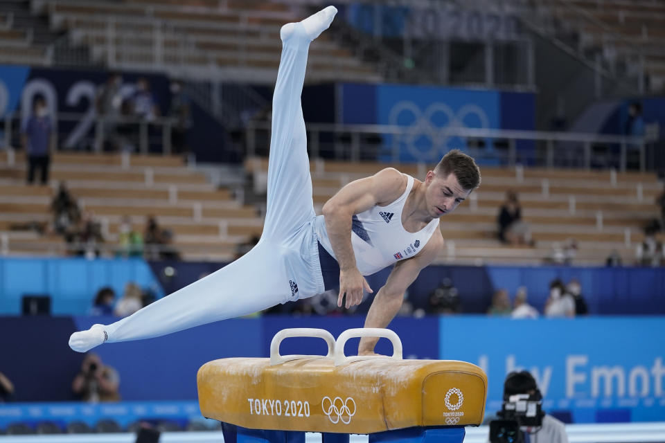 Max Whitlock of Britain, performs on the pommel horse during the artistic gymnastics men's apparatus final at the 2020 Summer Olympics, Sunday, Aug. 1, 2021, in Tokyo, Japan. (AP Photo/Ashley Landis)