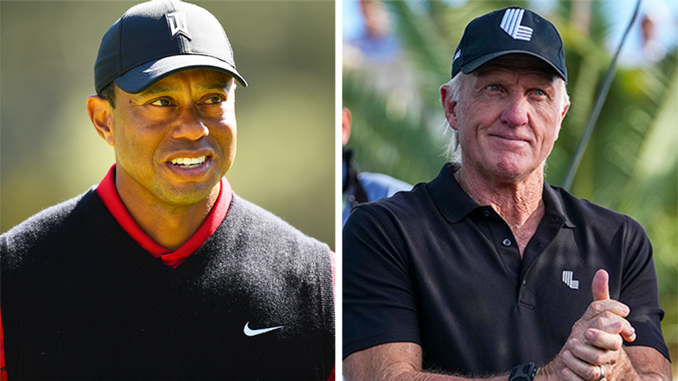 Greg Norman (pictured right) clapping at LIV Golf and (pictured left) Tiger Woods during the Genesis Invitational.