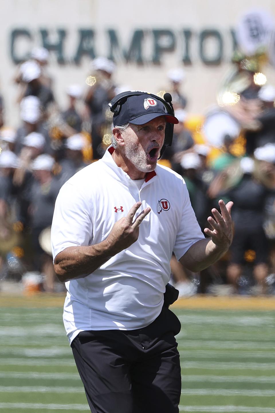 Utah head coach Kyle Whittingham yells at a referee in the second half of an NCAA college football game against Baylor, Saturday, Sept. 9, 2023, in Waco, Texas. (AP Photo/Jerry Larson) | AP