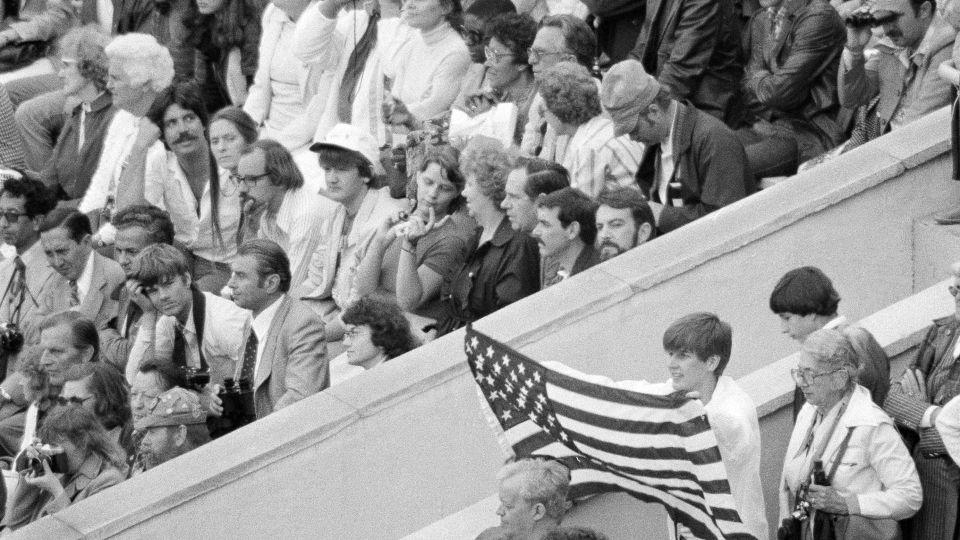 A United States flag is displayed during the Opening Ceremony of the 1980 Olympics, from which the US was absent.  - AP