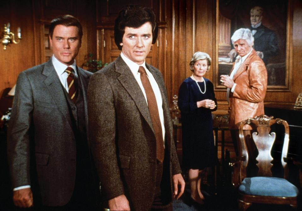 From left, Larry Hagman, Patrick Duffy, Barbara Bel Geddes and Jim Davis star as members of the Ewing family in the TV series "Dallas."