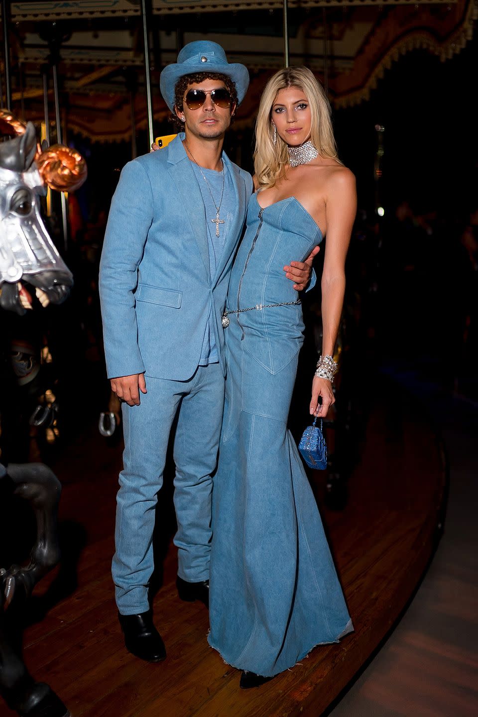 <p>Model Devon Windsor and her now-husband, Jonathan Barbara, arrived at 2018's <em>V </em>Magazine Halloween Party in Brooklyn in this unforgettable double denim getup. </p>