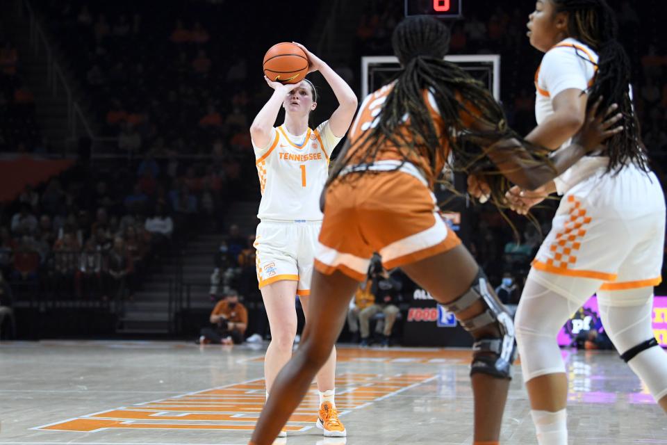 Tennessee guard/forward Sara Puckett (1) with the 3-point basket in the NCAA women's basketball game between the Tennessee Lady Vols and Texas Longhorns in Knoxville, Tenn. on Sunday, November 21, 2021.