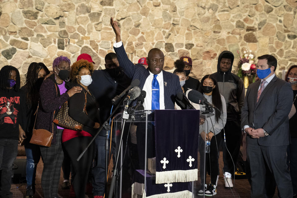 Attorney Ben Crump speaks alongside members of the deceased Daunte Wright's family during a news conference at New Salem Missionary Baptist Church, Thursday, April 15, 2021, in Minneapolis. (AP Photo/John Minchillo)