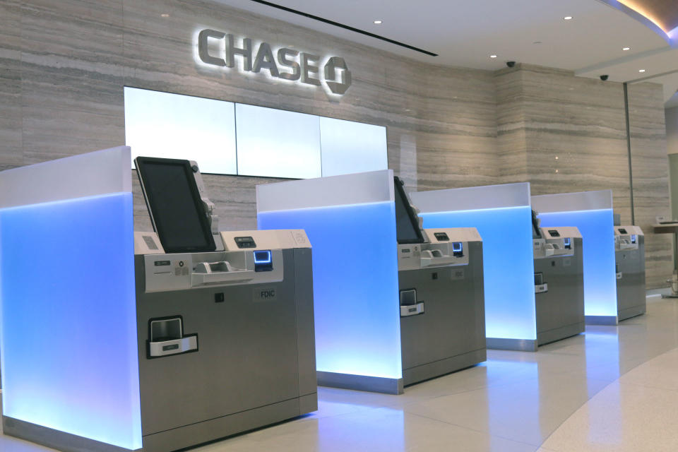Inside a Chase banking branch lobby.