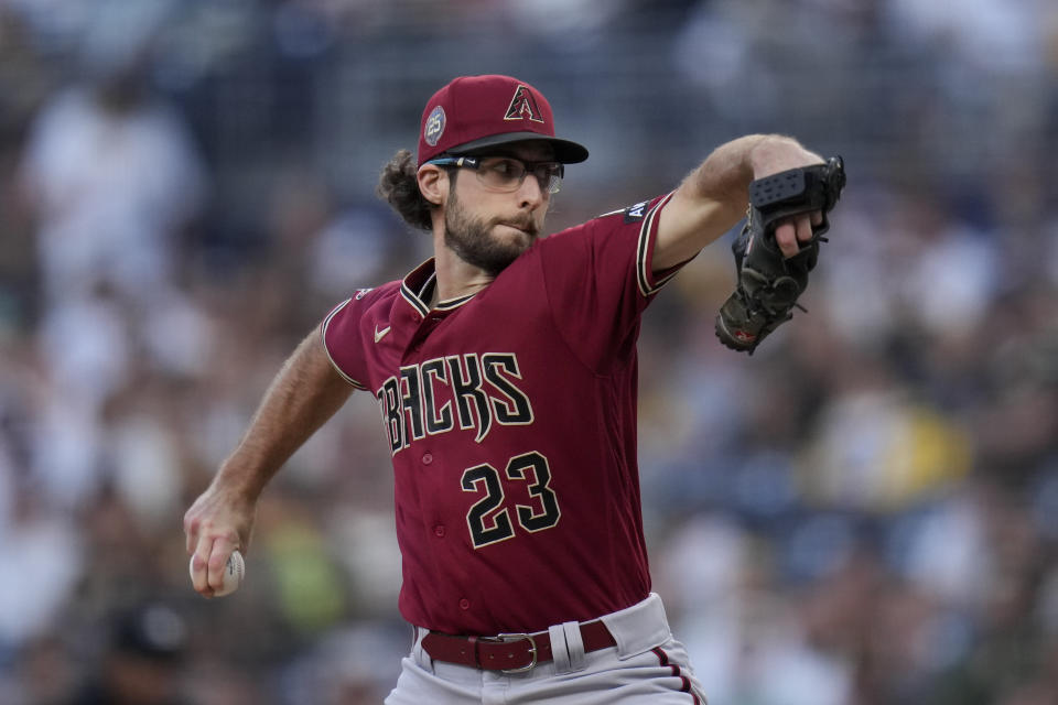 Arizona Diamondbacks starting pitcher Zac Gallen works against a San Diego Padres batter during the second inning of a baseball game Thursday, Aug. 17, 2023, in San Diego. (AP Photo/Gregory Bull)