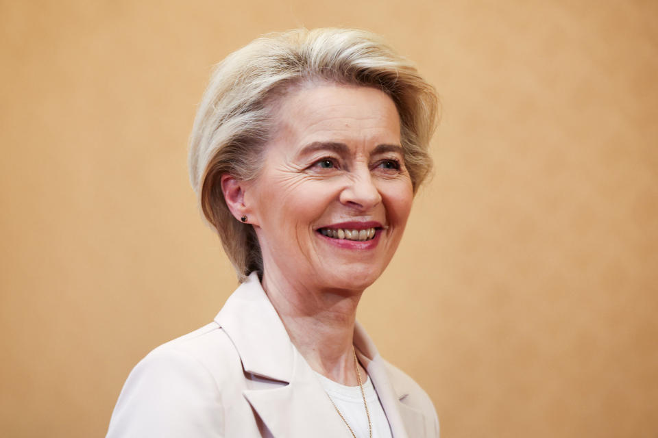 European Commission President Ursula von der Leyen reacts as she meets with Belgium's Prime Minister Alexander De Croo and Poland's Prime Minister Donald Tusk (not seen) at the Chancellery of the Prime Minister in Warsaw, Poland, February 23, 2024. REUTERS/Kacper Pempel