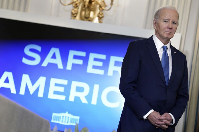 President Joe Biden delivers remarks Wednesday on his actions to fight crime, saying "our plan is working," in the State Dining Room at the White House in Washington, D.C. Photo by Yuri Gripas/UPI