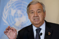 Antonio Guterres, Secretary General of the United Nations, speaks to reporters after a meeting with British Prime Minister Boris Johnson for climate change discussions at United Nations headquarters, Monday, Sept. 20, 2021, during the 76th Session of the U.N. General Assembly in New York. (AP Photo/John Minchillo, Pool)