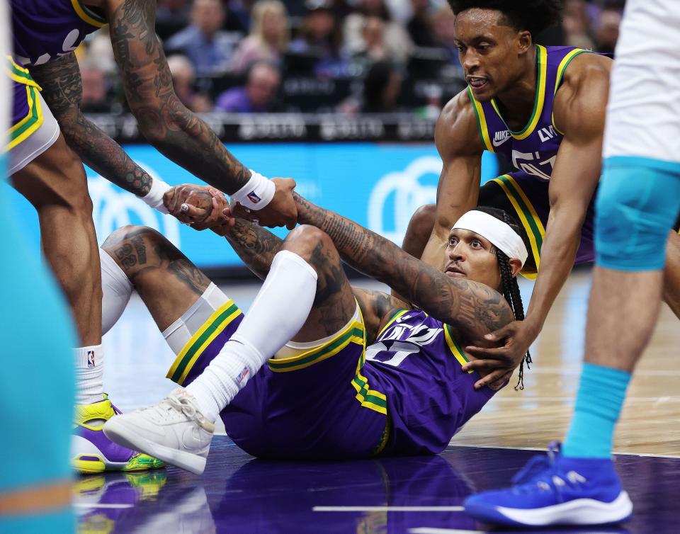 Utah Jazz guard Jordan Clarkson (00) after a Charlotte Hornets foul in Salt Lake City on Thursday, Feb. 22, 2024. The Hornets won 115-107. | Jeffrey D. Allred, Deseret News