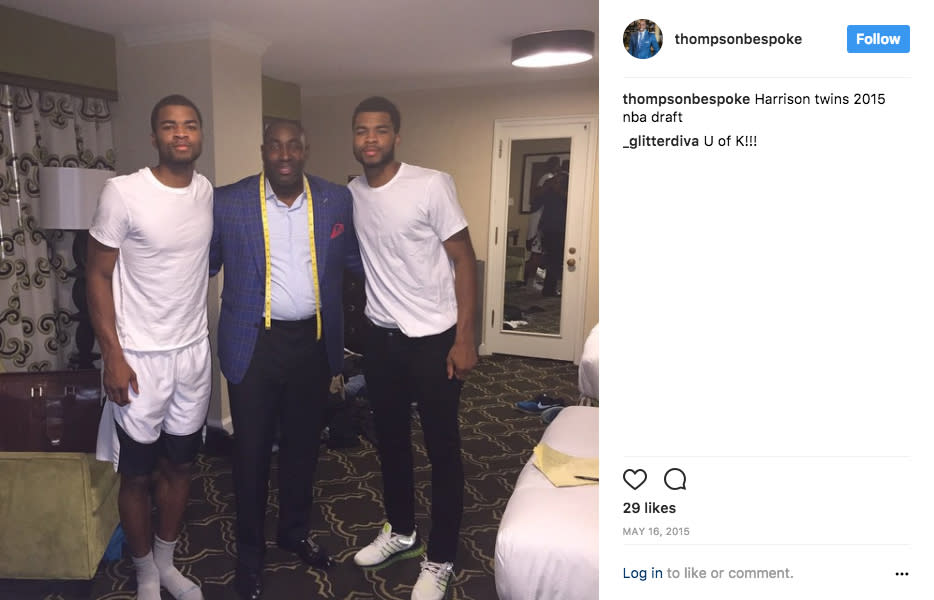 Andrew and Aaron Harrison pose with Rashan Michel ahead of the 2015 NBA draft. (@thompsonbespoke/Instagram)