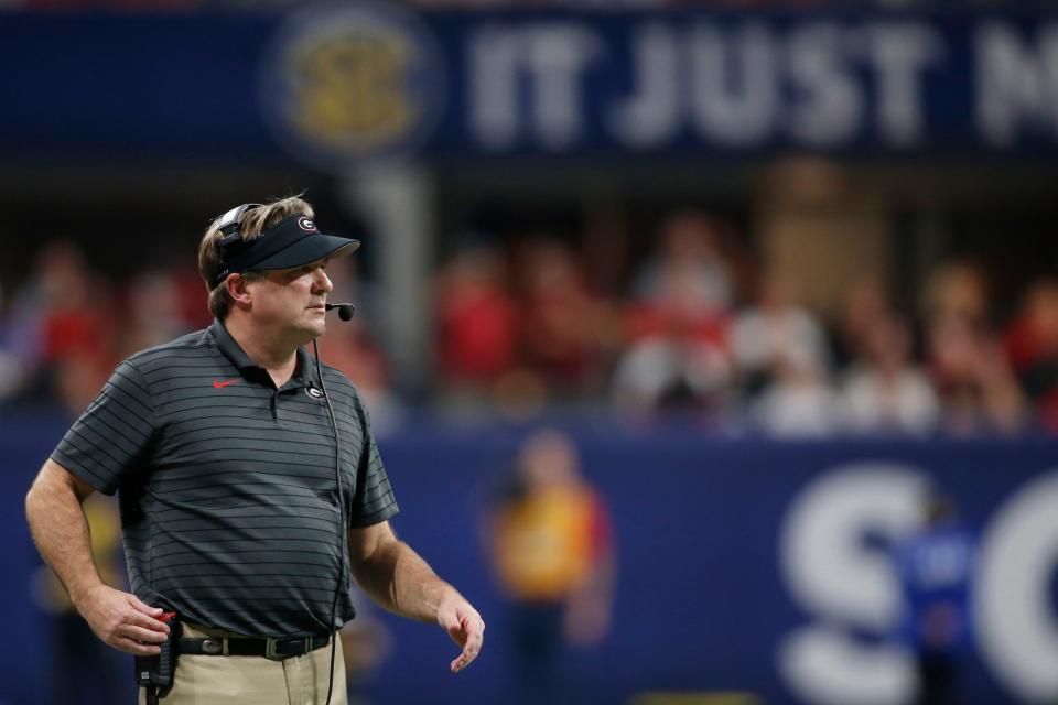 Georgia coach Kirby Smart during the first half of the Southeastern Conference championship NCAA college football game between Georgia and Alabama in Atlanta, on Saturday, Dec. 4, 2021. 
