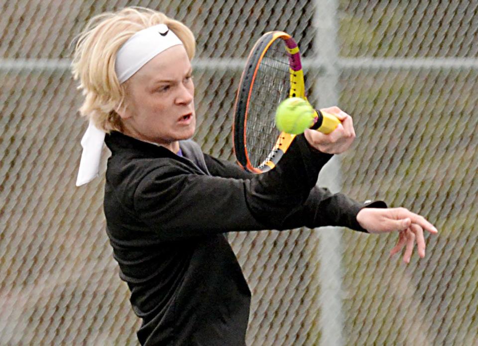Watetown's Joey Meester connects with the ball during a high school boys tennis dual against Yankton on Thursday, April 27, 2023 at the Highland Park courts.