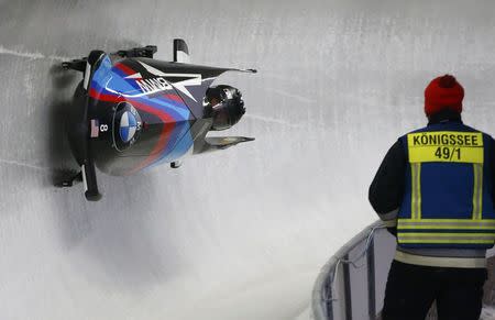 Bobsleigh - BMW IBSF Bob & Skeleton World Championships - Women Bobsleigh second heat - Koenigssee, Germany - 17/2/17 - Elana Meyers Taylor and Kehri Jones of the U.S. in action. REUTERS/Arnd Wiegmann