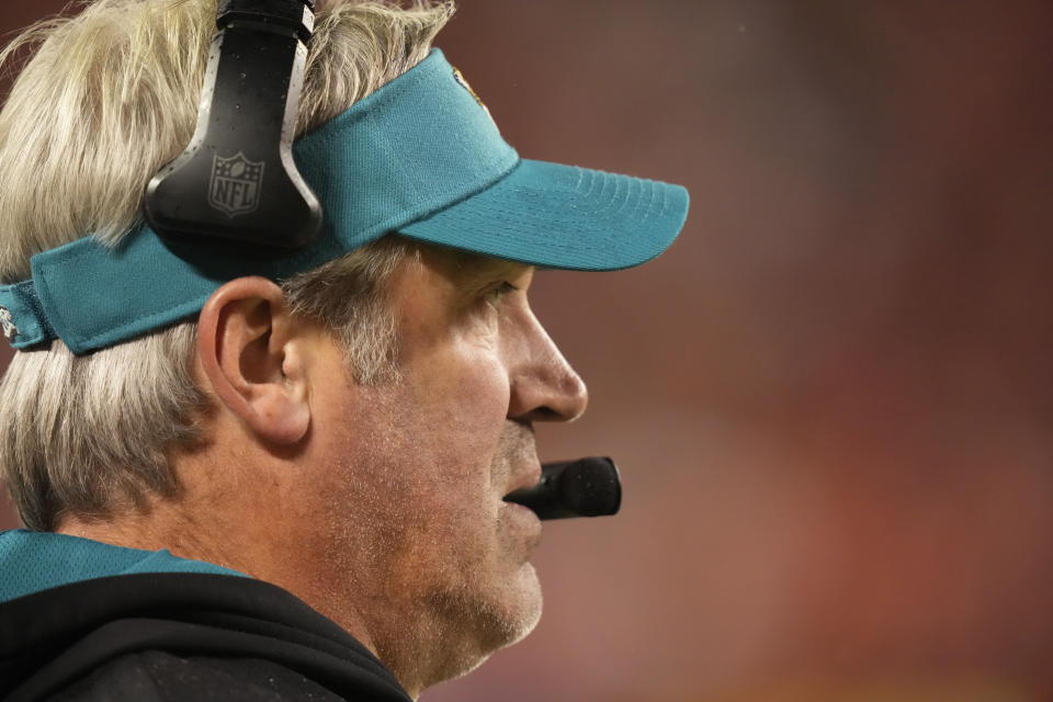 Jacksonville Jaguars Head Coach Doug Pederson watches play against the Kansas City Chiefs during the second half of an NFL divisional round playoff football game, Saturday, Jan. 21, 2023, in Kansas City, Mo. (AP Photo/Charlie Riedel)