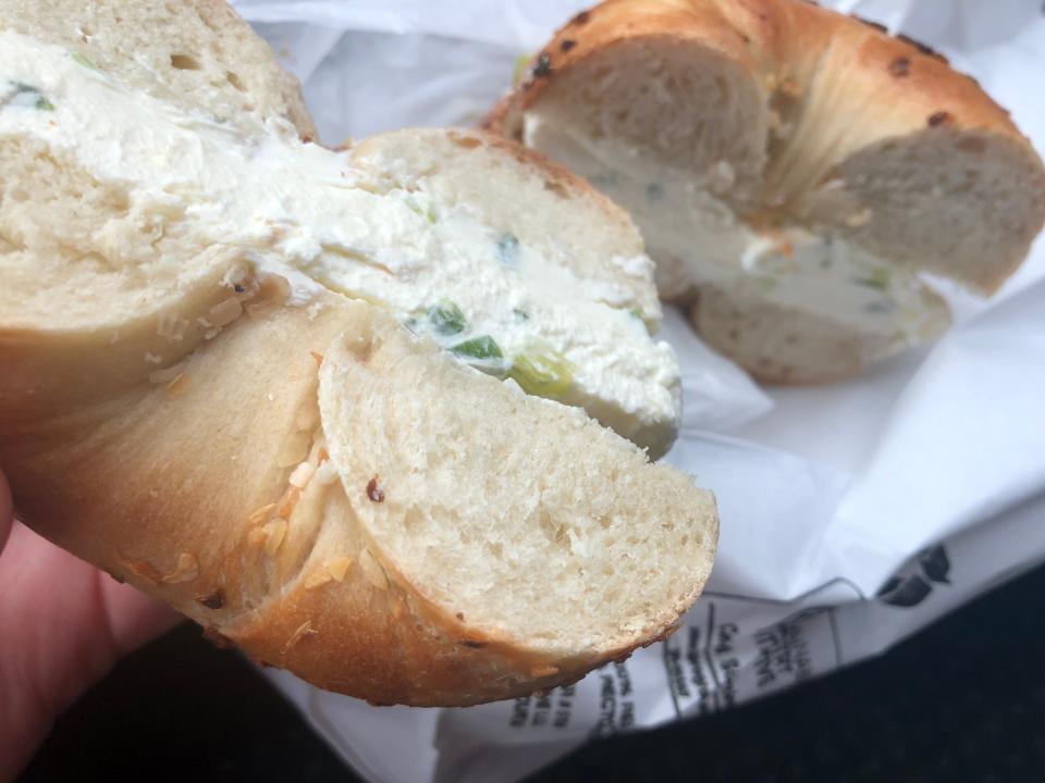 Try the onion bagel with scallion cream cheese at Plaza Bagel & Deli.
