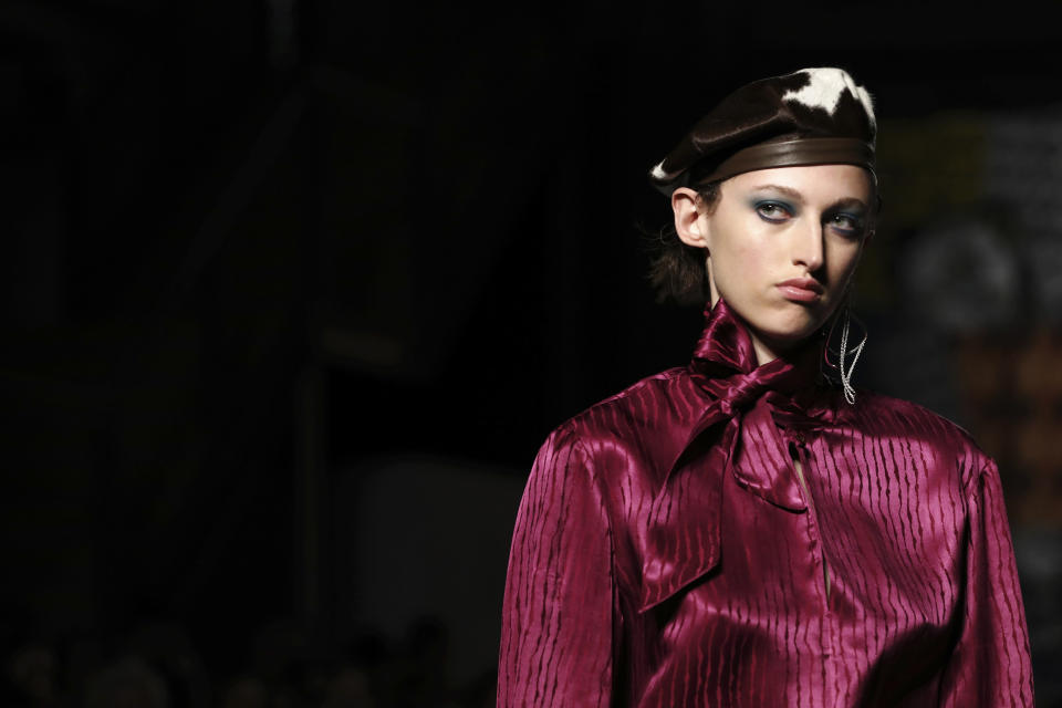 A model wears a creation by designer House of Holland at the Autumn/Winter 2019 fashion week runway show in London, Saturday, Feb. 16, 2019.(Photo by Grant Pollard/Invision/AP)