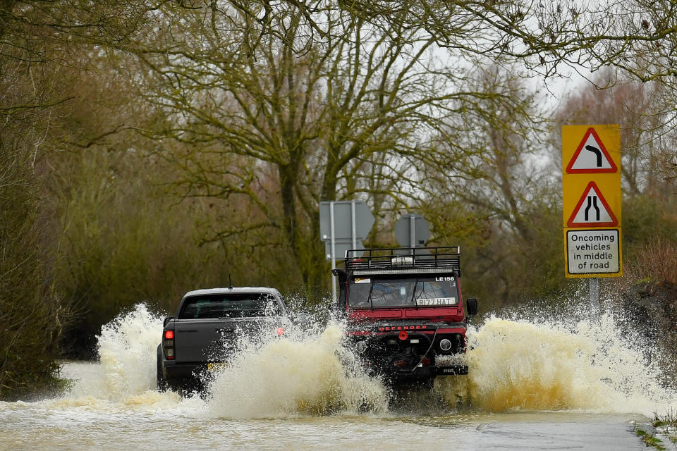 Vehicles navigate the flooded Mountsorrel Lane in Leicestershire as Storm Christoph brings widespread flooding, gales and snow to parts of the UK.