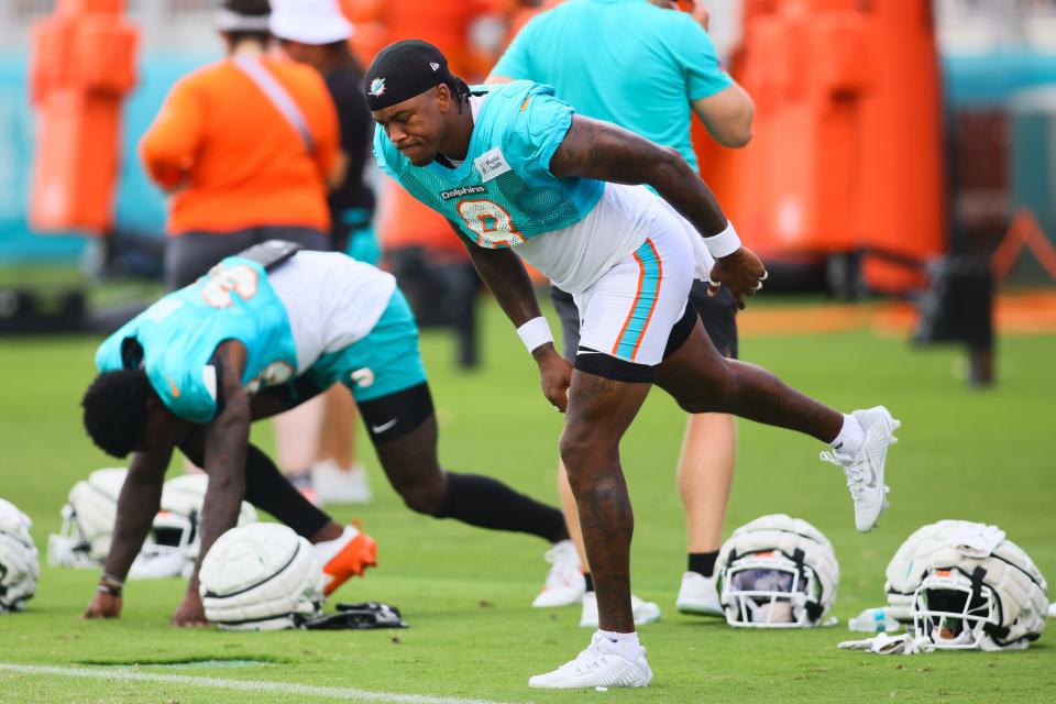 Aug 6, 2024; Miami Gardens, FL, USA; Miami Dolphins safety Jevon Holland (8) works out during a joint practice with the Atlanta Falcons at Baptist Health Training Complex. Mandatory Credit: Sam Navarro-USA TODAY Sports