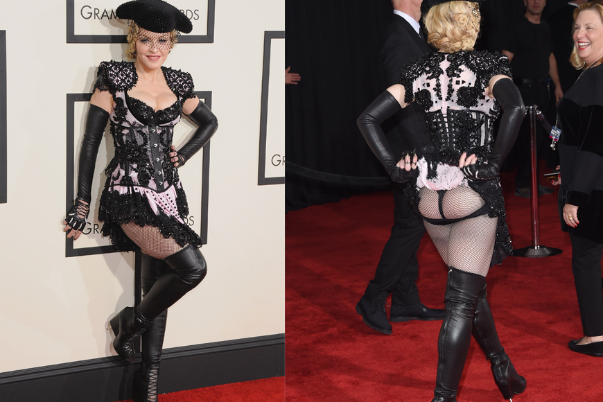 In 2015 Madonna shocked the world when she turned up to the Grammys in this Givenchy number. She got cheeky with outfit, lifting it up to show off her bottom as she walked off the carpet.