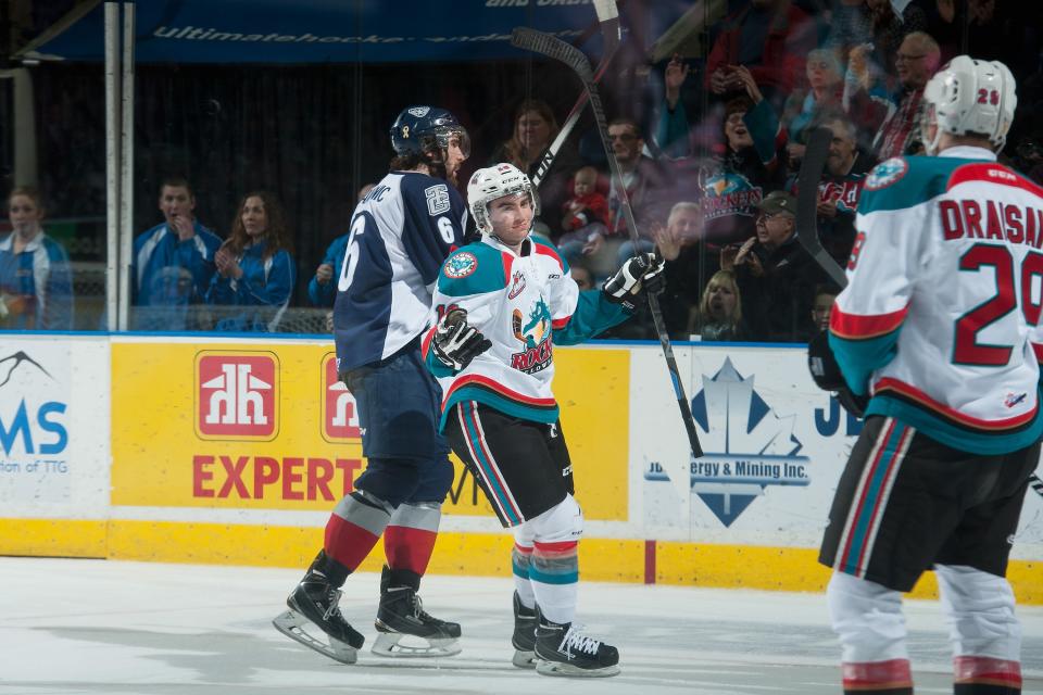 KELOWNA, CANADA - JANUARY 14: Dillon Dube #19 of Kelowna Rockets celebrates his ninth goal of the season against the Tri City Americans on January 14, 2015 at Prospera Place in Kelowna, British Columbia, Canada. (Photo by Marissa Baecker/Getty Images)