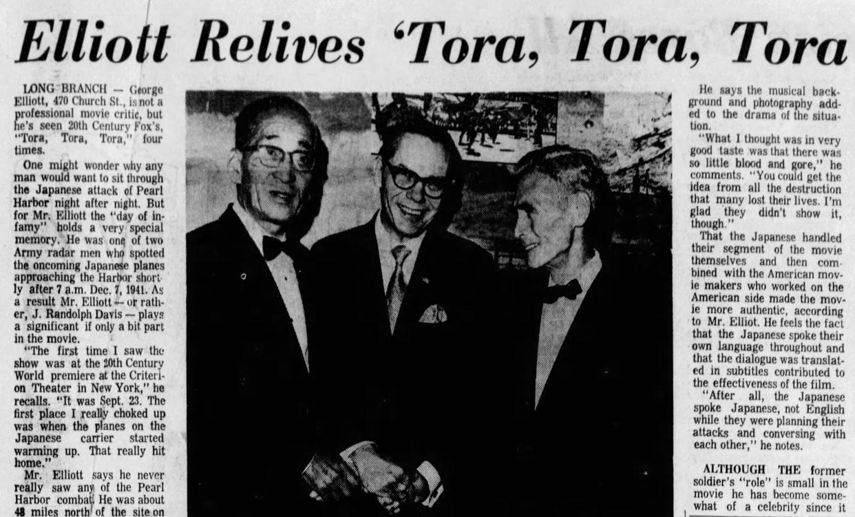 Asbury Park Press story from Dec. 27, 1970 on Long Branch resident George Elliott (pictured, center) meeting with former Japanese Naval commanders at the premiere of the movie "Tora! Tora! Tora!"