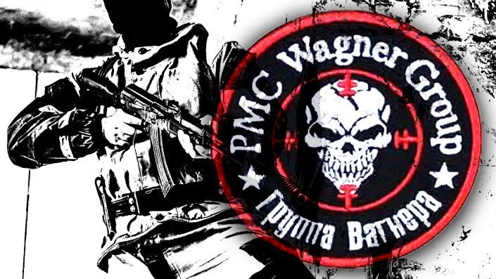 Illustration of soldier holding rifle next to skull logo labeled: PMC Wagner Group followed by words in Russian.