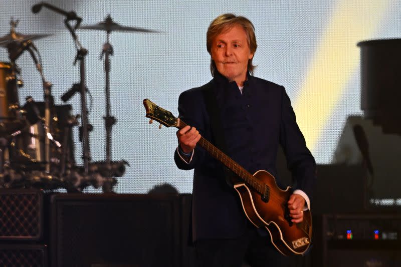 Paul McCartney performs on the Pyramid stage at Worthy Farm in Somerset during the Glastonbury Festival