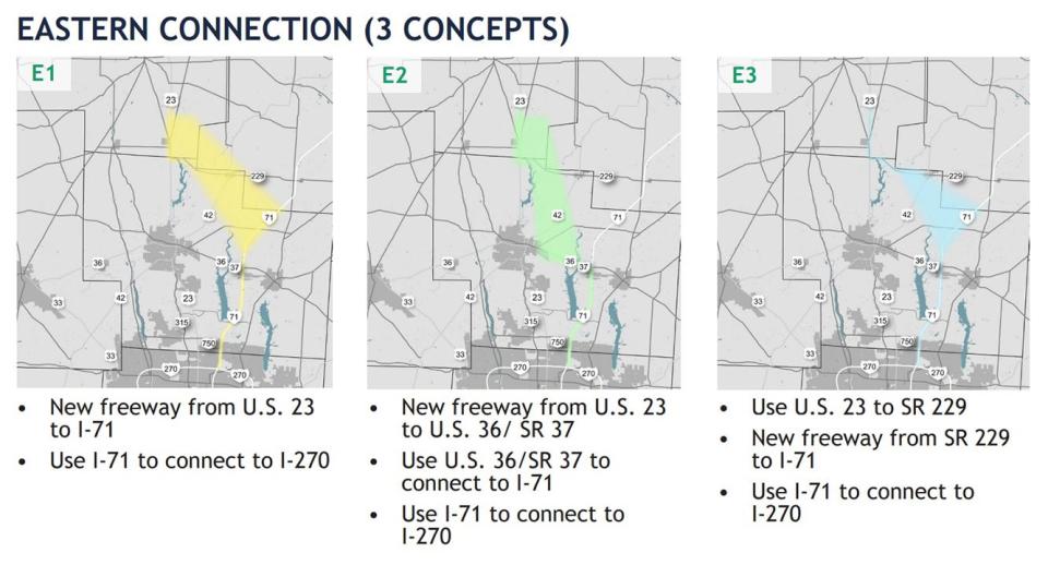 The Ohio Department of Transportation is considering six concepts to address increasing traffic along U.S. Route 23 through Delaware County. These three concepts focus on the eastern connection.