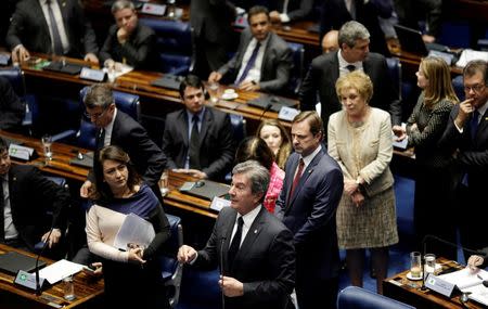 Senator Fernando Collor speaks during the final session of voting on suspended Brazilian President Dilma Rousseff's impeachment trial in Brasilia, Brazil, August 31, 2016. REUTERS/Ueslei Marcelino