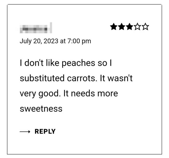 A review from someone saying they don't like peaches so they substituted carrots, but it wasn't very good — "it needs more sweetness"