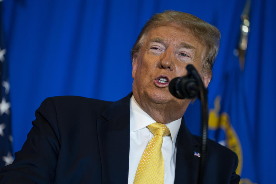 President Donald Trump delivers the commencement address at the "Hope for Prisoners" graduation ceremony, Thursday, Feb. 20, 2020, in Las Vegas. (AP Photo/Evan Vucci)