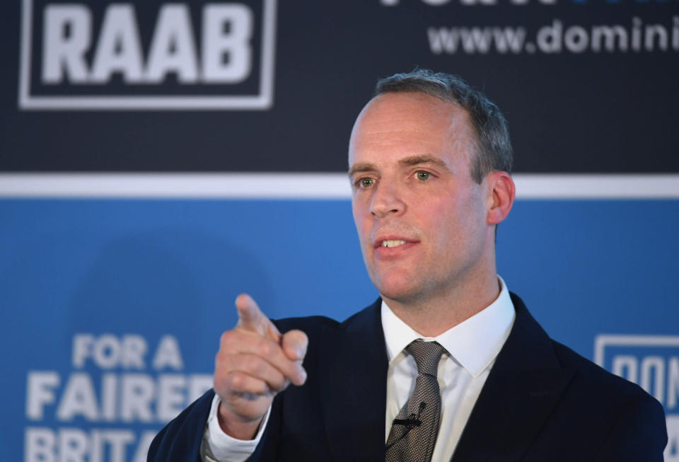 Former Brexit Secretary Dominic Raab launches his campaign in central London to become leader of the Conservative and Unionist Party and Prime Minister. (Photo by Stefan Rousseau/PA Images via Getty Images)