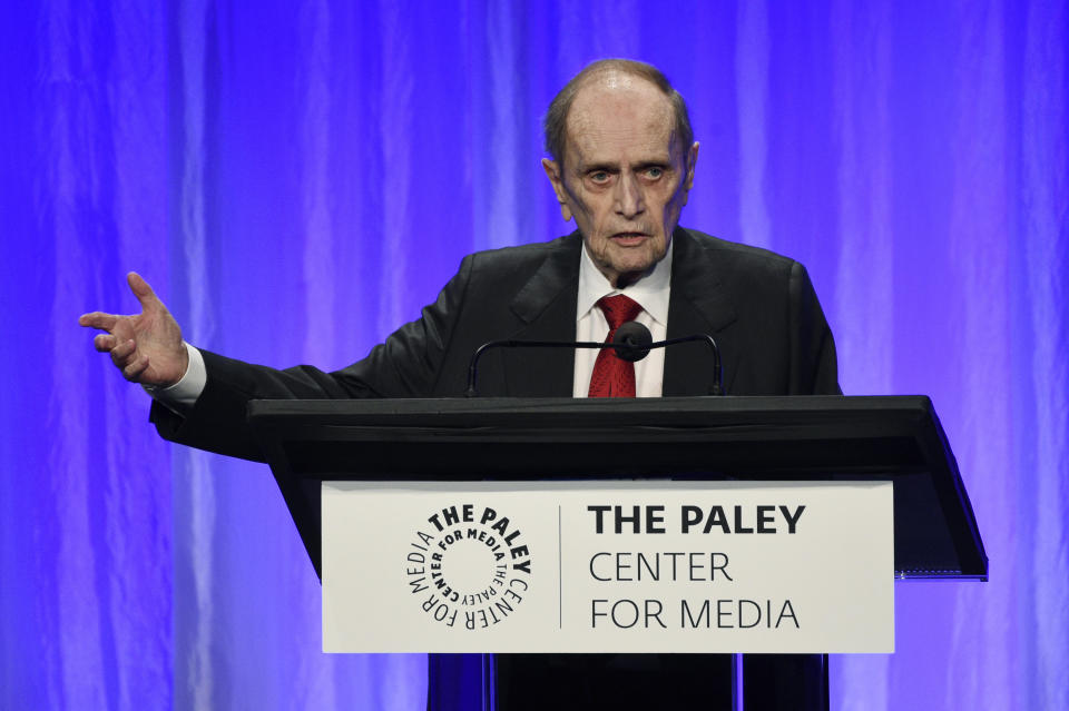 Honoree Bob Newhart addresses the audience at "The Paley Honors: A Special Tribute to Television's Comedy Legends" at the Beverly Wilshire Hotel, Thursday, Nov. 21, 2019, in Beverly Hills, Calif. (Photo by Chris Pizzello/Invision/AP)