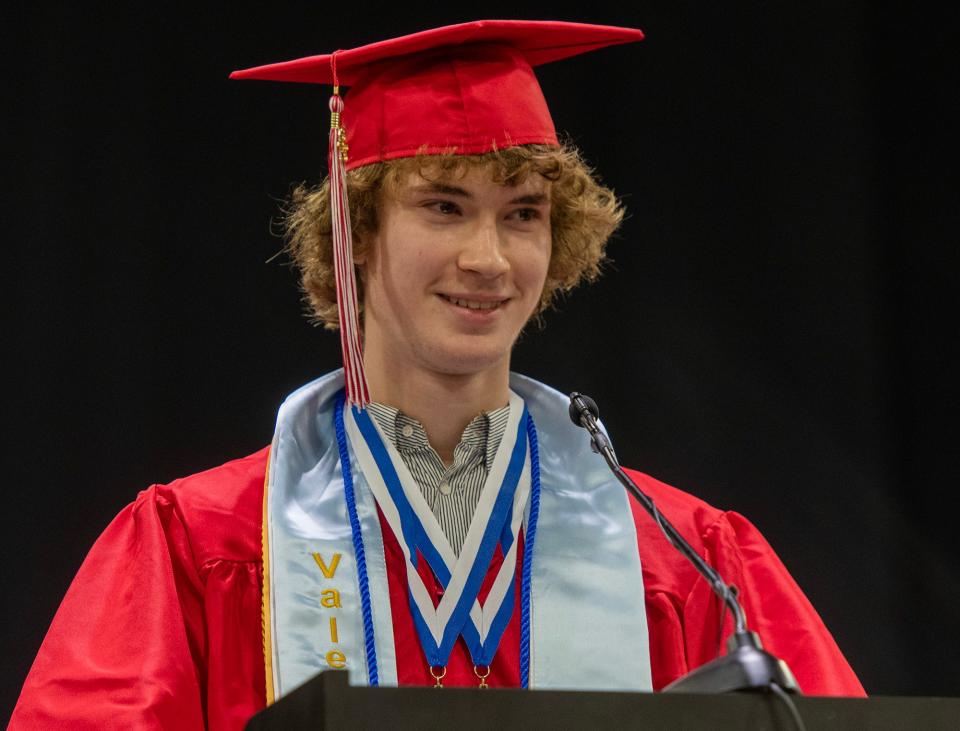 Valedictorian Luca A. Frost speaks during the South High Community School graduation at the DCU Center Friday.