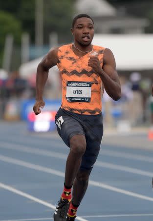 Jun 22, 2018; Des Moines, IA, USA; Noah Lyles wins 100m semifinal in 9.89 during the USA Championships at Drake Stadium. Mandatory Credit: Kirby Lee-USA TODAY Sports