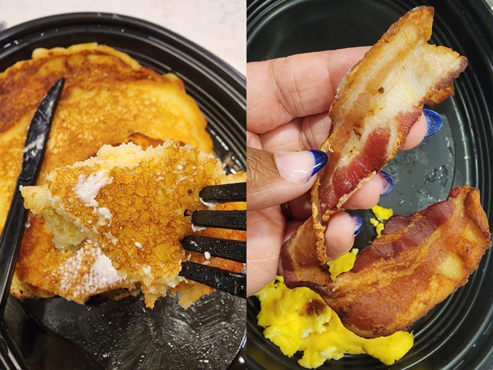 Piece of a pancake from Cracker Barrel on a fork; The writer holds a piece of bacon from Cracker Barrel