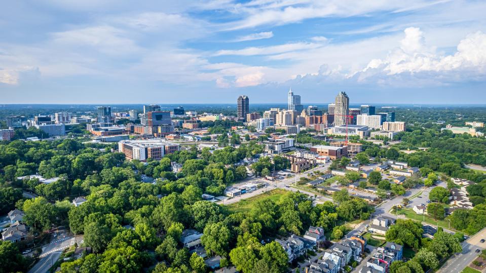 View of downtown Raleigh, North Carolina with blue sky background.