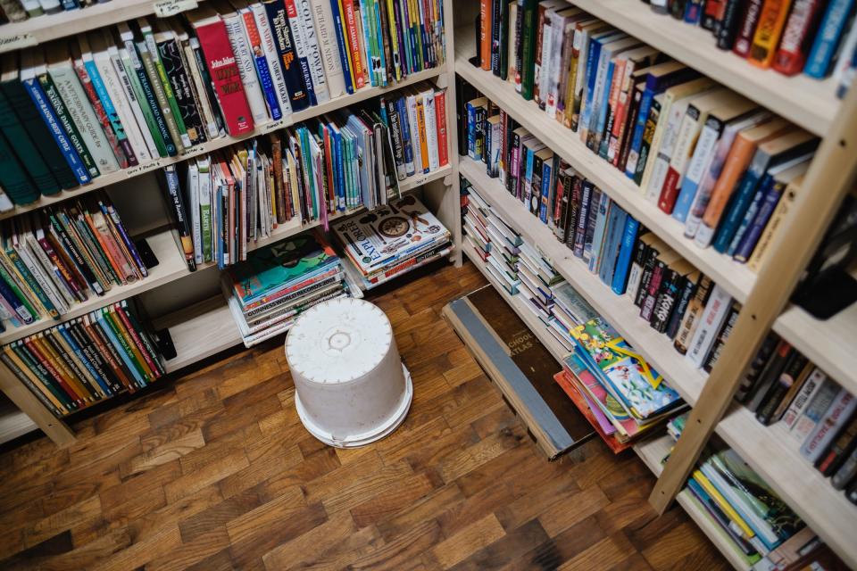 A makeshift step stool can be seen in a community library for the Amish, created and maintained by Renee Brown Parker, Tuesday, July 12 near Peoli.