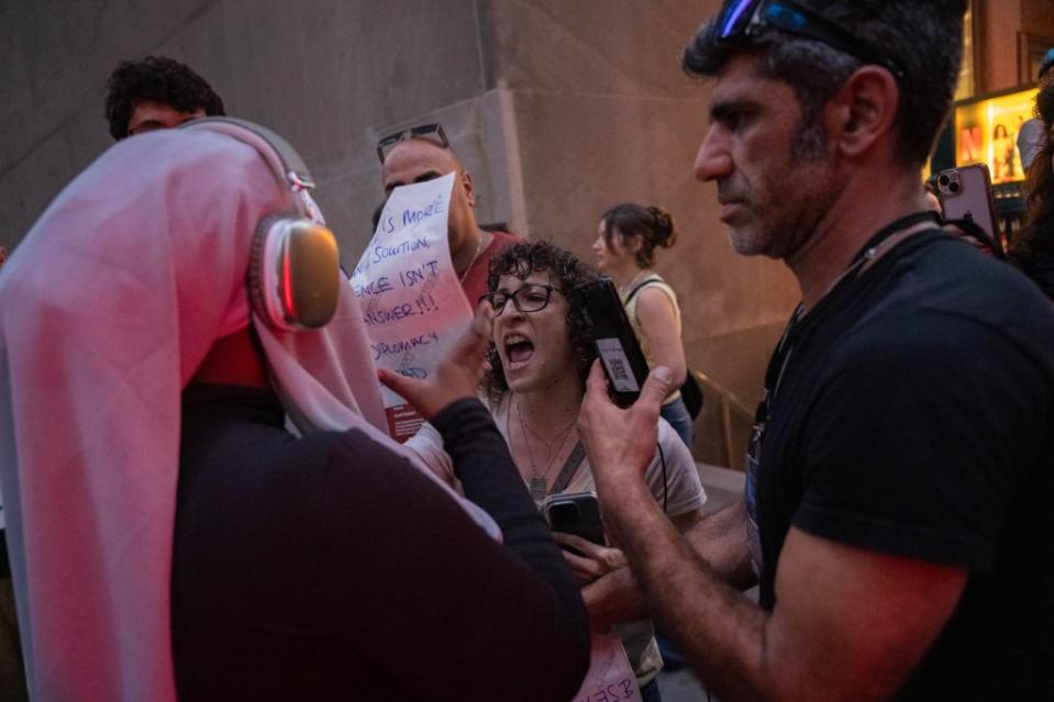 Anti-Israel and pro-Israel protesters shout at each other outside of The Parsons Benefit Gala in Manhattan on May 21, 2024. Adam Gray for the New York Post