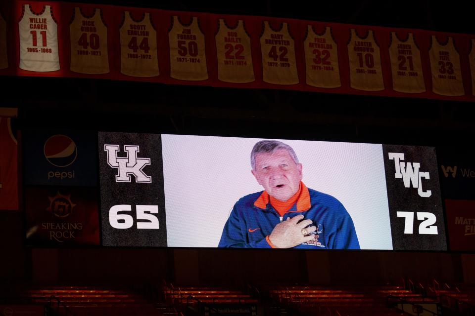 A video is shown of Togo Railey speaking about Willie Cager, a Texas Western’s 1966 NCAA Championship team member, at a memorial celebration of his life on Friday, April 14, 2023, at the Don Haskins Center.