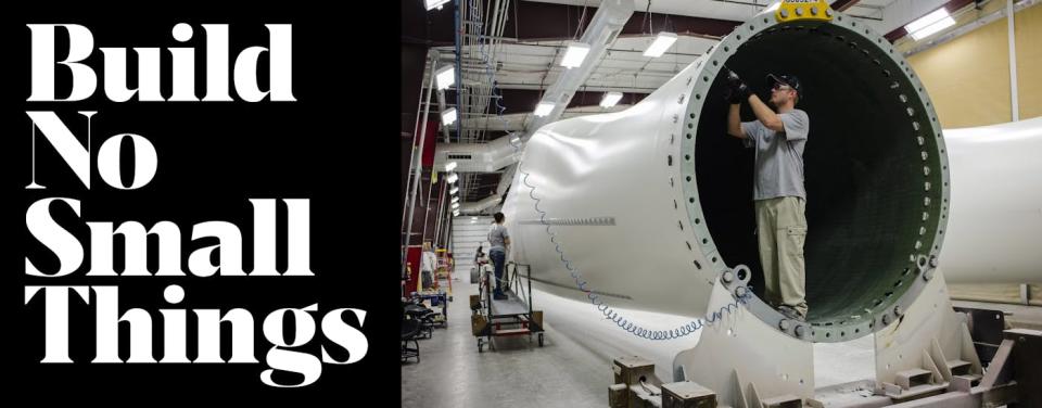 Photograph (man working on a wind turbine) and text linking out to another TNR story about innovative projects made possible by the Biden legislative wins.