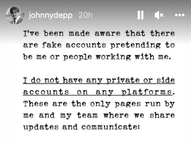 Johnny Depp warns fans of 'fake' social media accounts pretending to be him