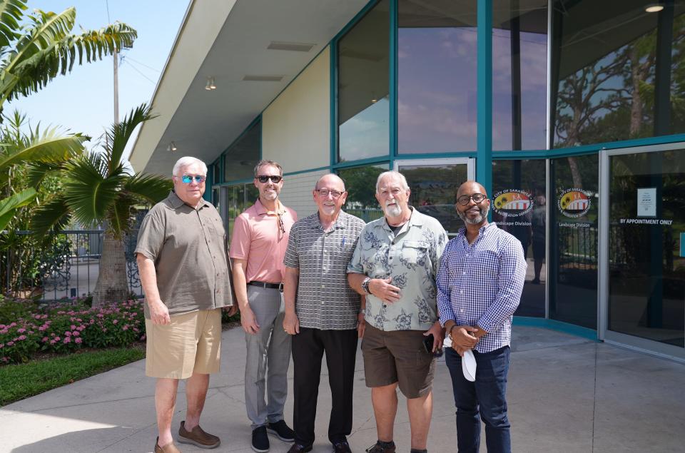 Steven H. Butler, right, outside the Payne Park Auditorium, which the Sarasota Players hopes to transform into a new performance venue known as The Stage at Payne Park, With him, from left, are Brian McCarthy, CEO of The Stage at Payne Park; William Skaggs, CEO of the Sarasota Players; Bill Porter, chair of the Players board and Bill Rusling, co-chair of the Players facilities committee.