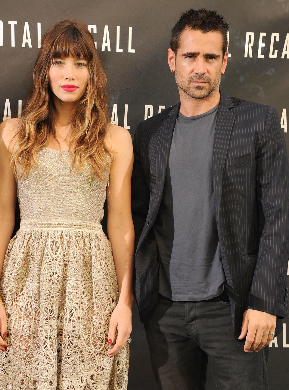 Jessica Biel et Colin Farrell à la séance photo du film Total Recall, à l'hôtel Four Seasons de Los Angeles.