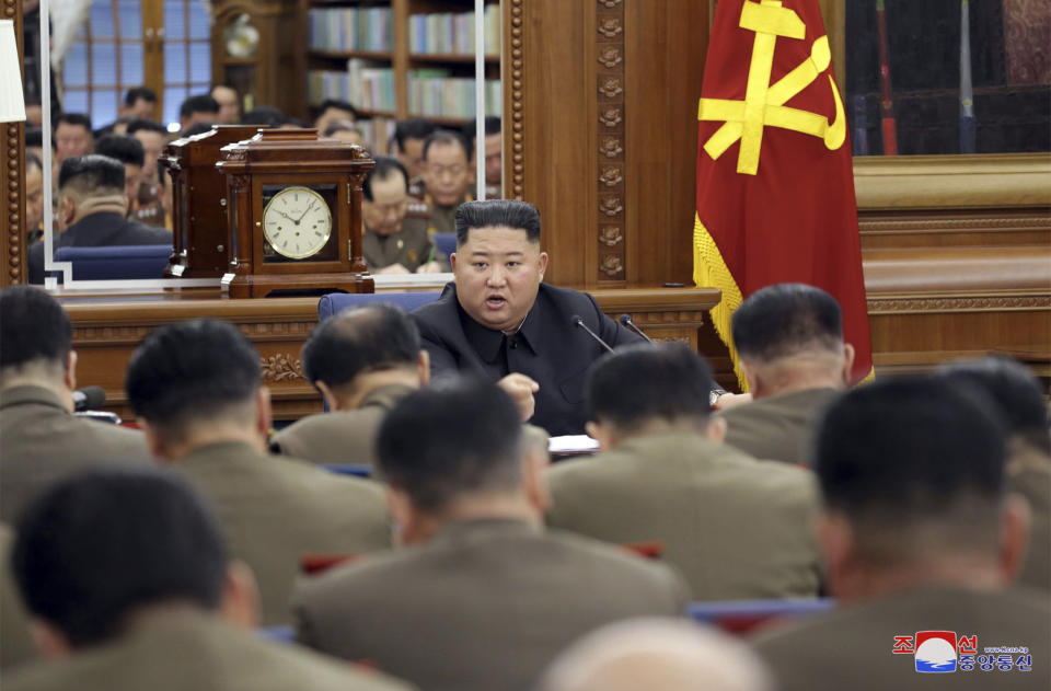 In this photo provided Sunday, Dec. 22, 2019, by the North Korean government, North Korean leader Kim Jong Un speaks during a ruling party meeting, North Korea. North Korea said Sunday Kim has convened a key ruling party meeting to decide on steps to bolster the country’s military capability. Independent journalists were not given access to cover the event depicted in this image distributed by the North Korean government. The content of this image is as provided and cannot be independently verified. Korean language watermark on image as provided by source reads: "KCNA" which is the abbreviation for Korean Central News Agency. (Korean Central News Agency/Korea News Service via AP)