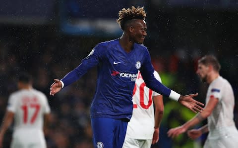 Tammy Abraham of Chelsea celebrates scoring the opening goal during the UEFA Champions League group H match between Chelsea FC and Lille OSC at Stamford Bridge on December 10, 2019 in London, United Kingdom - Credit: Getty Images